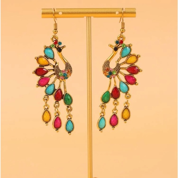 Rhinestone Decor Peacock Dangling Earrings - Picture 2 of 3